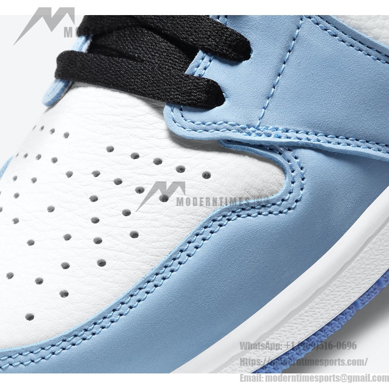 Air Jordan 1 High OG “University Blue” 555088-134 - Classic University Blue Limited Edition Sneakers Side view of Air Jordan 1 High OG “University Blue” 555088-134 sneakers in premium leather with University Blue, black, and white colorway
