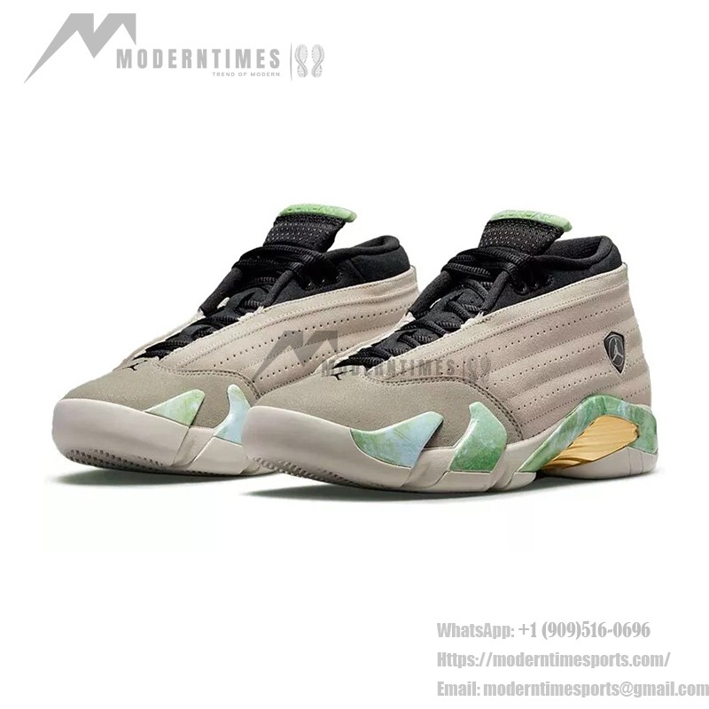 エアジョーダン 14 ロウ WMNS DJ1034-200 スタイリッシュなレディーススニーカー エアジョーダン 14 ロウ WMNS DJ1034-200 アーストーンとグリーン、ゴールドアクセント付きのレディーススニーカー