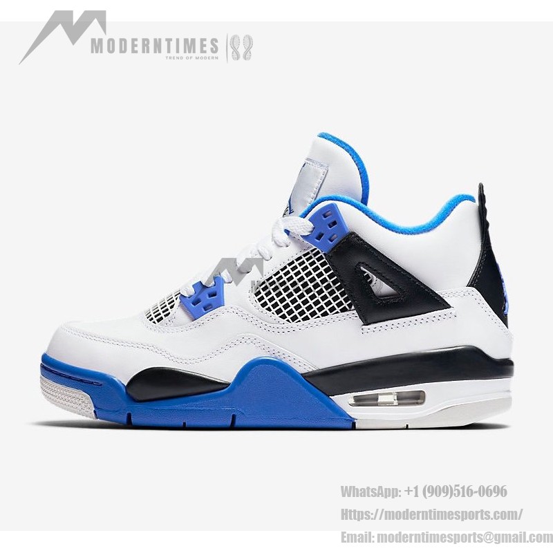 Air Jordan 4 Retro Motorsports 限定版 白、黒、ロイヤルブルーのアクセントがあるAir Jordan 4 Retro Motorsportsスニーカー