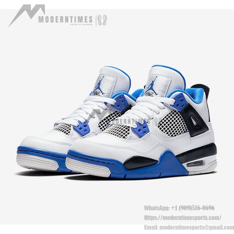 Air Jordan 4 Retro Motorsports 限定版 白、黒、ロイヤルブルーのアクセントがあるAir Jordan 4 Retro Motorsportsスニーカー