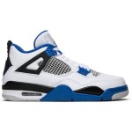 Air Jordan 4 Retro Motorsports 限定版 白、黒、ロイヤルブルーのアクセントがあるAir Jordan 4 Retro Motorsportsスニーカー