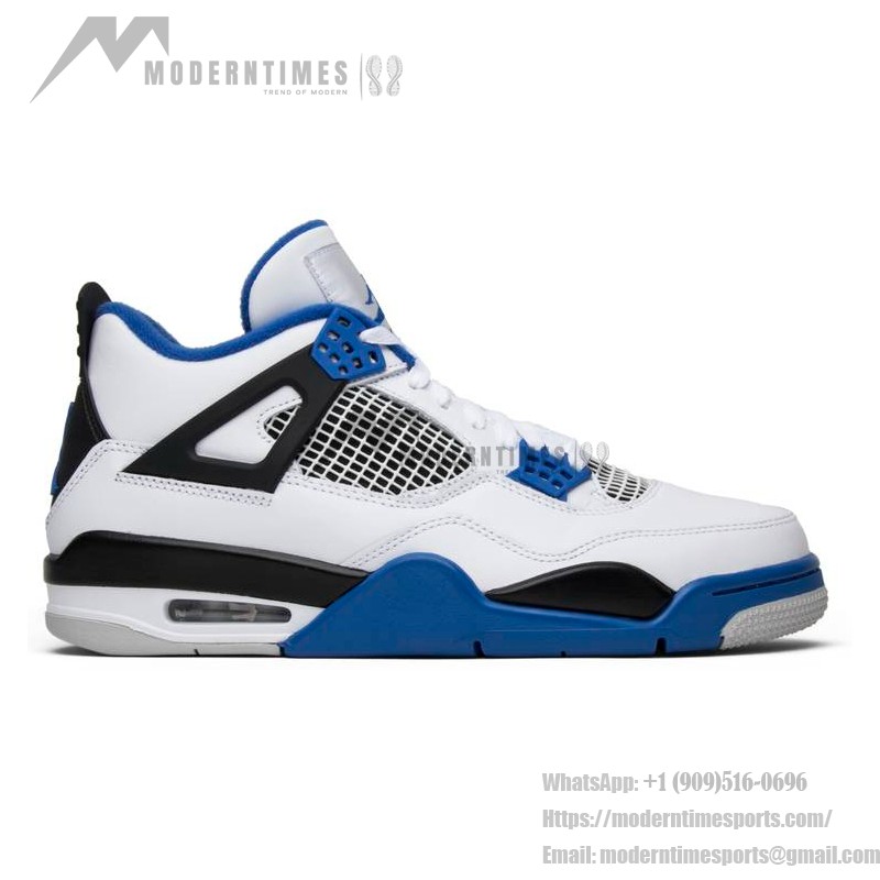 Air Jordan 4 Retro Motorsports 限定版 白、黒、ロイヤルブルーのアクセントがあるAir Jordan 4 Retro Motorsportsスニーカー