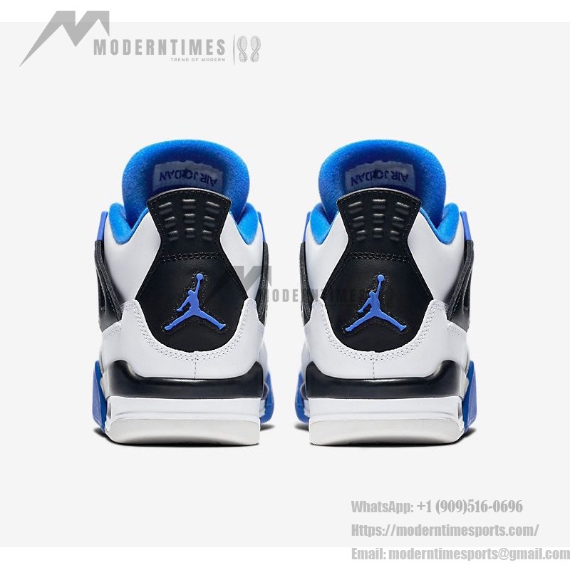 Air Jordan 4 Retro Motorsports 限定版 白、黒、ロイヤルブルーのアクセントがあるAir Jordan 4 Retro Motorsportsスニーカー