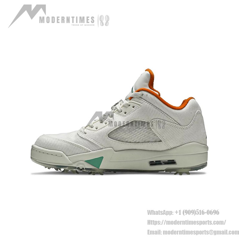 Air Jordan 5 Low Golf CW4204-100 白いコーデュロイスニーカー 緑とオレンジのアクセント付き