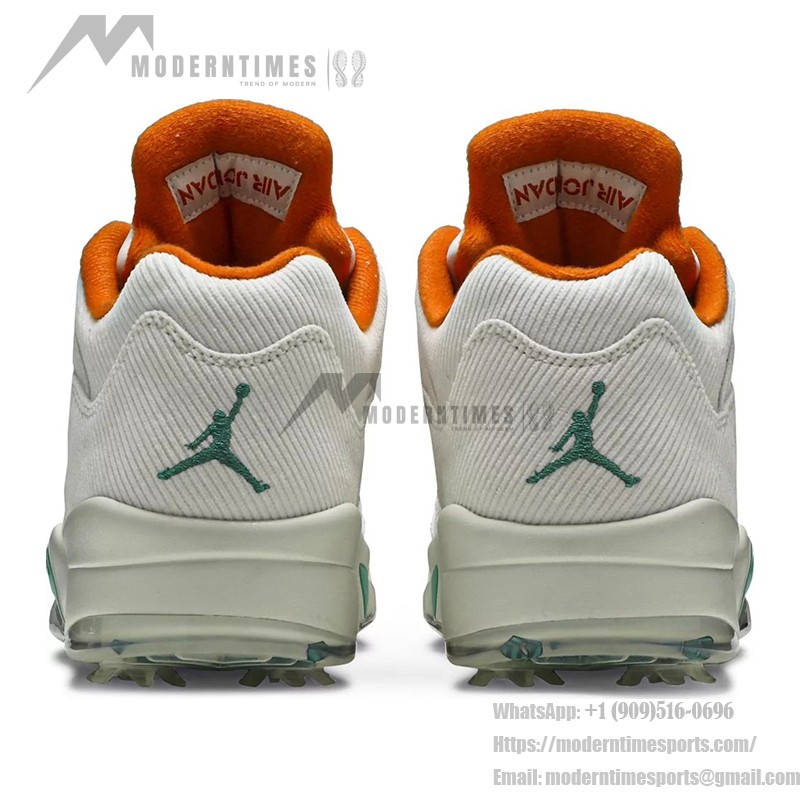 Air Jordan 5 Low Golf CW4204-100 白いコーデュロイスニーカー 緑とオレンジのアクセント付き