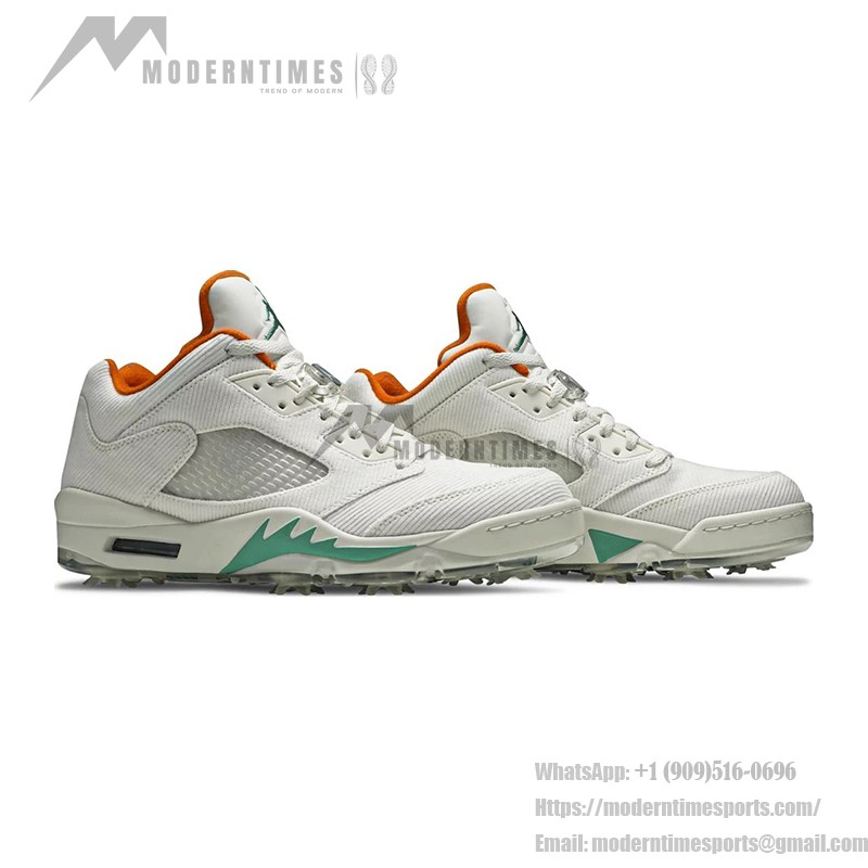 Air Jordan 5 Low Golf CW4204-100 白いコーデュロイスニーカー 緑とオレンジのアクセント付き