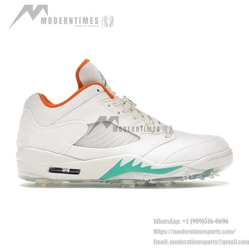 Air Jordan 5 Low Golf CW4204-100 白いコーデュロイスニーカー 緑とオレンジのアクセント付き