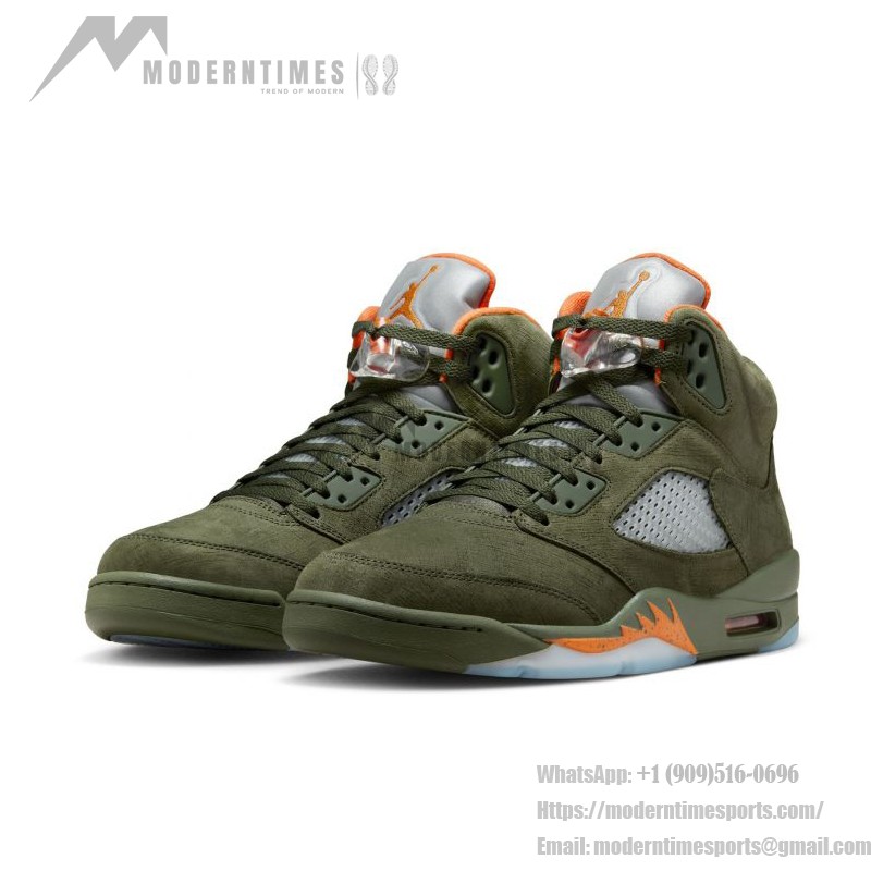 Air Jordan 5 Retro DD0587-308 オリーブグリーンのスエードスニーカー、オレンジのアクセントとリフレクティブタン