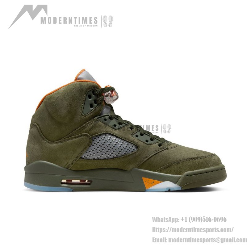 Air Jordan 5 Retro DD0587-308 オリーブグリーンのスエードスニーカー、オレンジのアクセントとリフレクティブタン