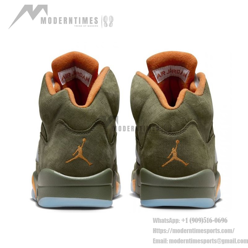 Air Jordan 5 Retro DD0587-308 オリーブグリーンのスエードスニーカー、オレンジのアクセントとリフレクティブタン