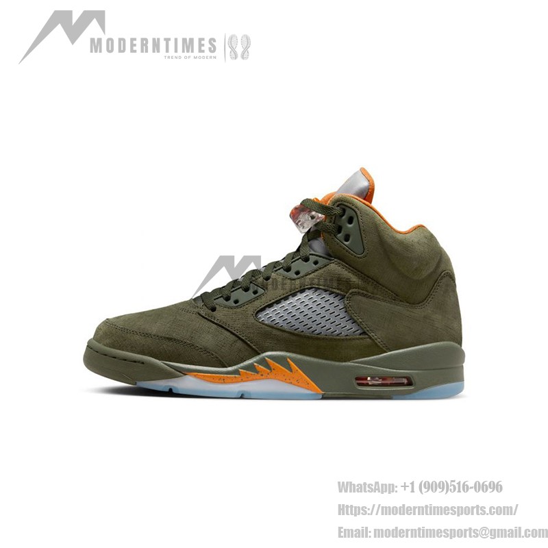 Air Jordan 5 Retro DD0587-308 オリーブグリーンのスエードスニーカー、オレンジのアクセントとリフレクティブタン