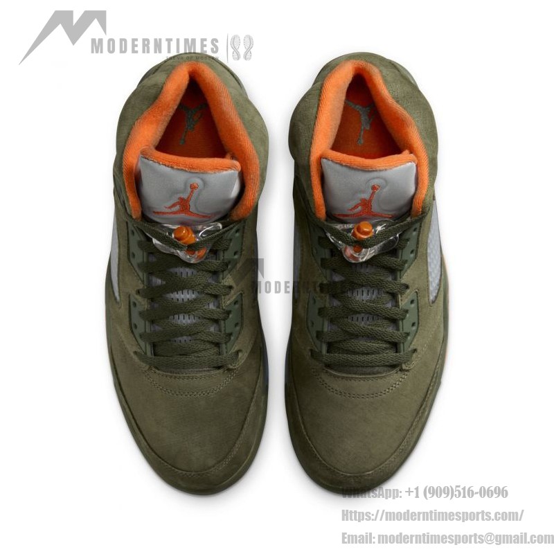 Air Jordan 5 Retro DD0587-308 オリーブグリーンのスエードスニーカー、オレンジのアクセントとリフレクティブタン