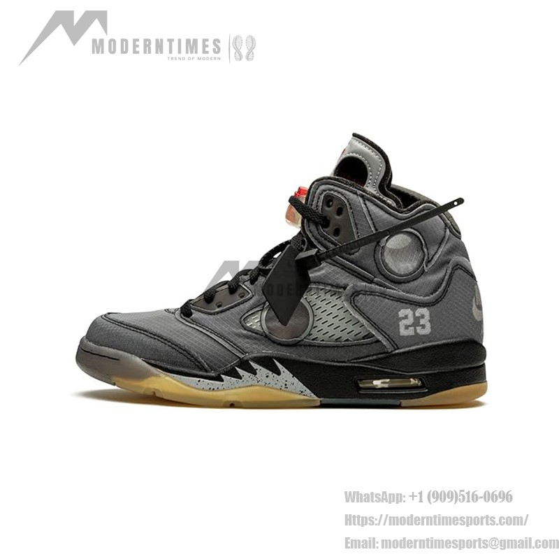 Air Jordan 5 Retro x Off-White CT8480-001 グレースエードスニーカー、反射シュータンと半透明ソール付き