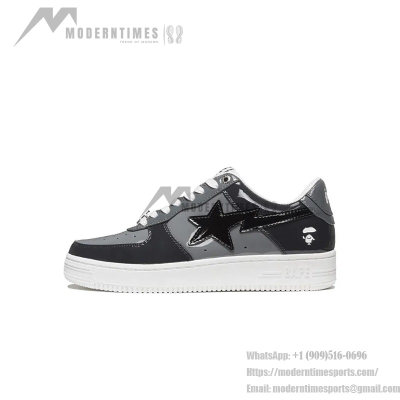 BAPE STA Low ブラック&グレー パテントレザー スニーカー 1H20191046-BLK ホワイトソールのBAPE STA Low ブラック&グレー パテントレザー スニーカー
