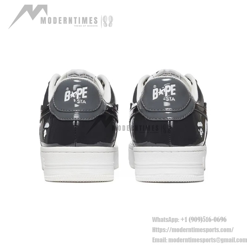 BAPE STA Low ブラック&グレー パテントレザー スニーカー 1H20191046-BLK ホワイトソールのBAPE STA Low ブラック&グレー パテントレザー スニーカー