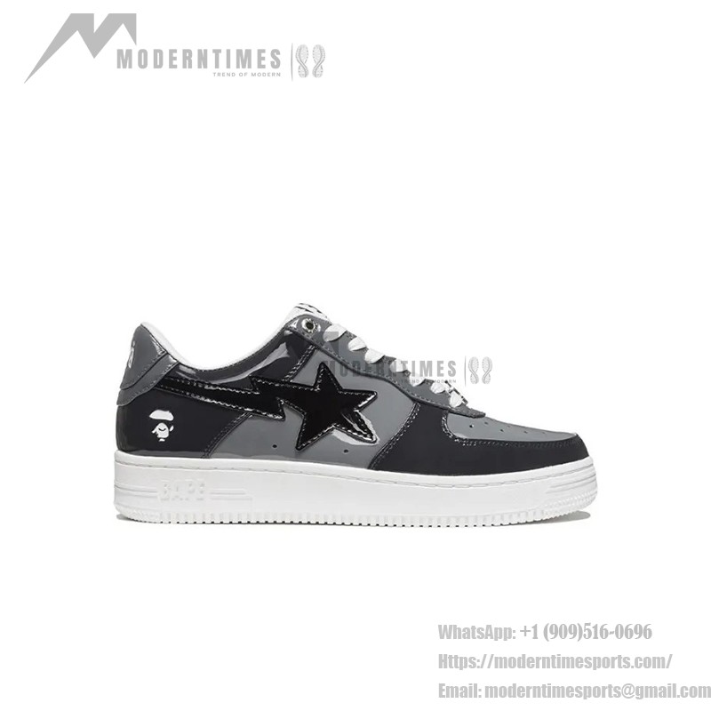 BAPE STA Low ブラック&グレー パテントレザー スニーカー 1H20191046-BLK ホワイトソールのBAPE STA Low ブラック&グレー パテントレザー スニーカー