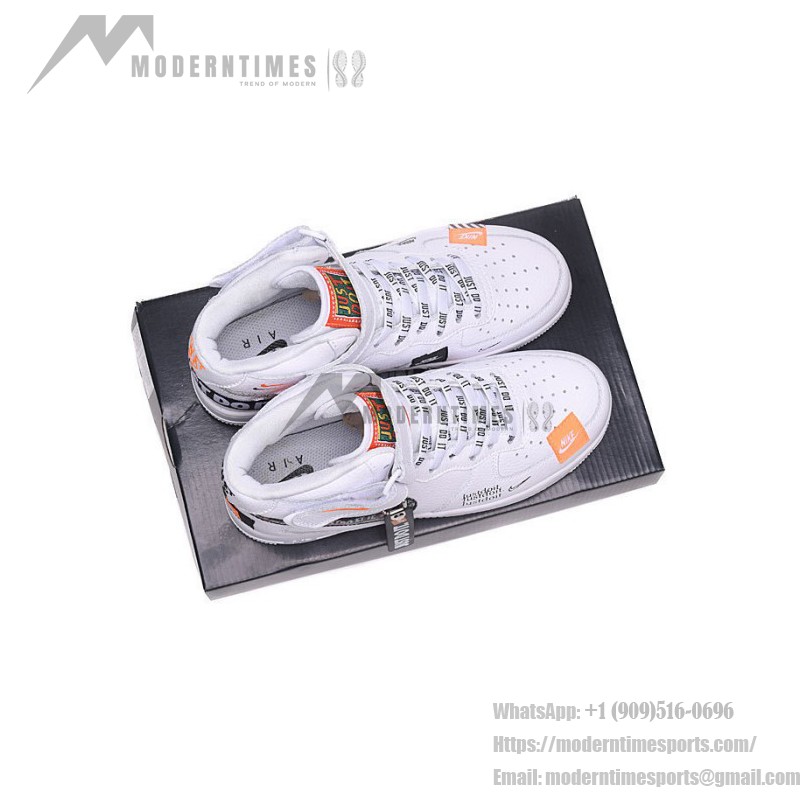 Nike Air Force 1 Mid BQ6474-100 - 足首ストラップ付きのJust Do Itホワイトエディション Nike Air Force 1 Mid BQ6474-100 - Just Do Itグラフィックを施した白いスニーカー