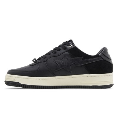 BAPE Bapesta Low Suede Heel Black 001FWG701042X-BLK | ミニマルなオールブラックレザー＆スエードロートップスニーカー