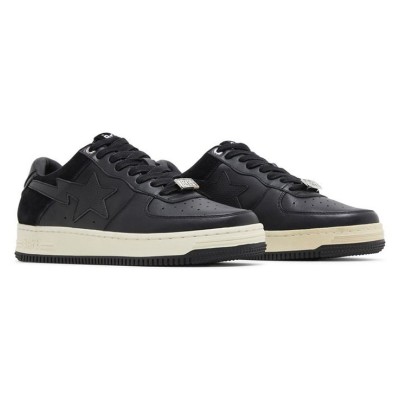 BAPE Bapesta Low Suede Heel Black 001FWG701042X-BLK | ミニマルなオールブラックレザー＆スエードロートップスニーカー