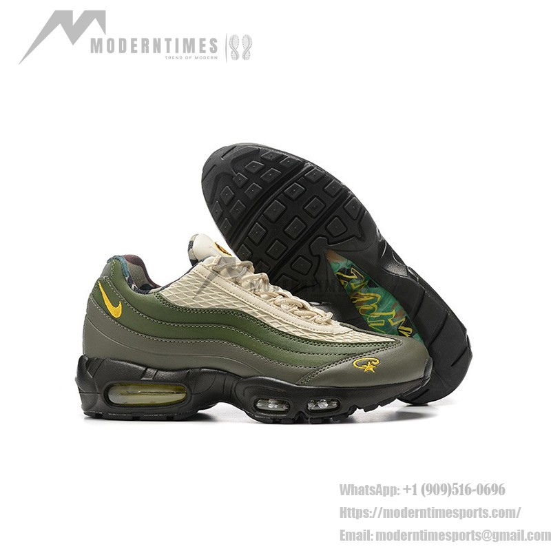 Corteiz x Nike Air Max 95「Sequoia」FB2709-300 コラボスニーカー Corteiz x Nike Air Max 95「Sequoia」グリーンと黄色のアクセント付きスニーカー