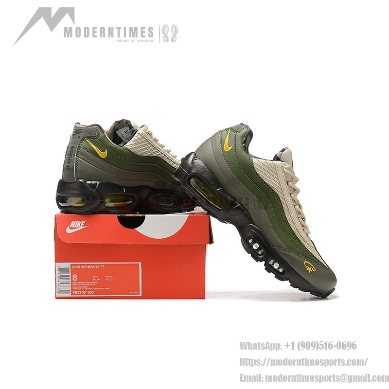 Corteiz x Nike Air Max 95「Sequoia」FB2709-300 コラボスニーカー Corteiz x Nike Air Max 95「Sequoia」グリーンと黄色のアクセント付きスニーカー