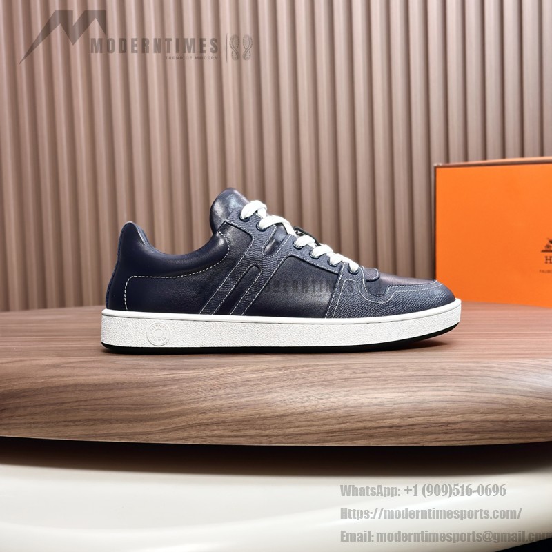 Hermes H242933Z H69440 White & Blue Sneakers – Side Detail of Iconic Stripes Hermes Mens Sneaker H242933Z H69440 in White and Blue – Front View of Luxury Sneakers with Navy Blue Stripes