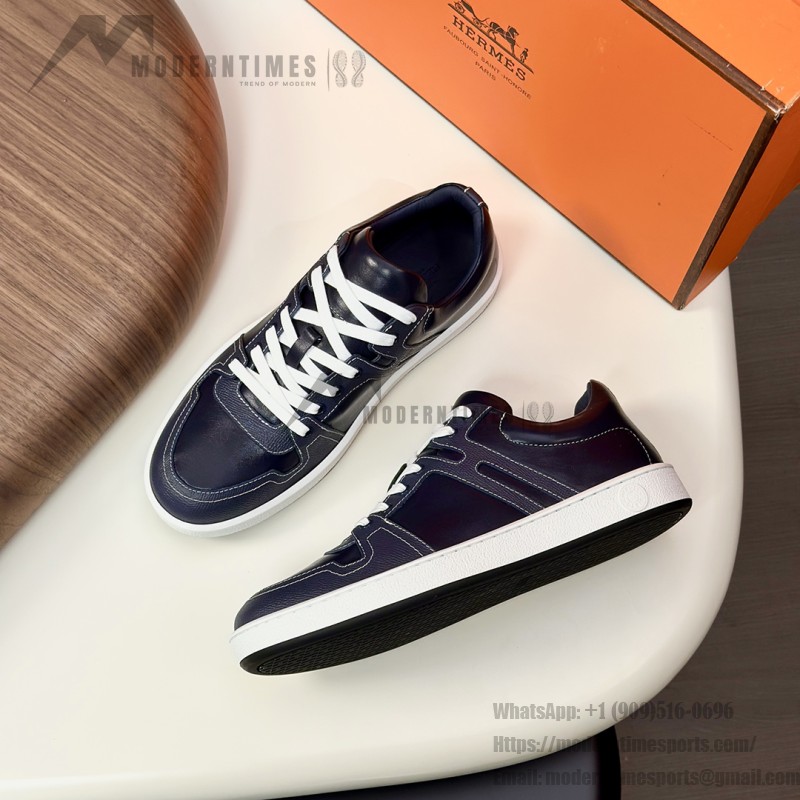Hermes H242933Z H69440 White & Blue Sneakers – Side Detail of Iconic Stripes Hermes Mens Sneaker H242933Z H69440 in White and Blue – Front View of Luxury Sneakers with Navy Blue Stripes