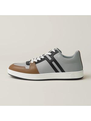 Hermes Mens Sneaker H242933Z H69440 | Grey and Brown Luxury Fashion Shoes with Iconic Stripes