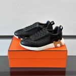 Hermes Mens Sneaker H251121Z 02360 in Black – Front View of Luxury Black Sneakers with Orange H Logo