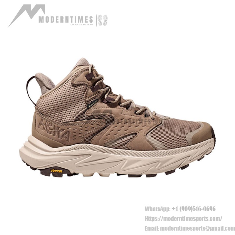 HOKA ONE ONE Anacapa 2 Mid GTX Hiking Boots (1141633-DOTN) - Dune/Oxford Tan, GORE-TEX, Vibram Outsole HOKA ONE ONE Anacapa 2 Mid GTX Hiking Boots in Dune/Oxford Tan with GORE-TEX Waterproof Technology and Vibram Outsole, Model 1141633-DOTN