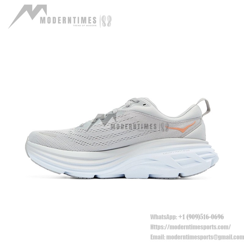 HOKA Bondi 8 ワイド ランニングシューズ 1127954-HMLR|ライトグレー/オレンジ|快適さとサポート ライトグレーとオレンジのHOKA Bondi 8 ワイド ランニングシューズ、クッション性とワイドフィットデザイン。