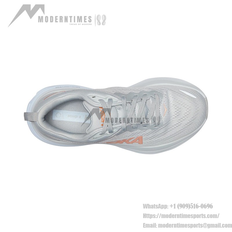 HOKA Bondi 8 ワイド ランニングシューズ 1127954-HMLR|ライトグレー/オレンジ|快適さとサポート ライトグレーとオレンジのHOKA Bondi 8 ワイド ランニングシューズ、クッション性とワイドフィットデザイン。
