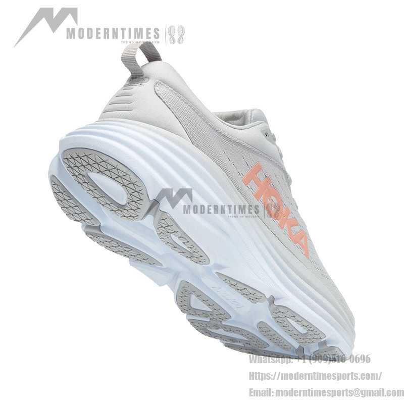 HOKA Bondi 8 ワイド ランニングシューズ 1127954-HMLR|ライトグレー/オレンジ|快適さとサポート ライトグレーとオレンジのHOKA Bondi 8 ワイド ランニングシューズ、クッション性とワイドフィットデザイン。
