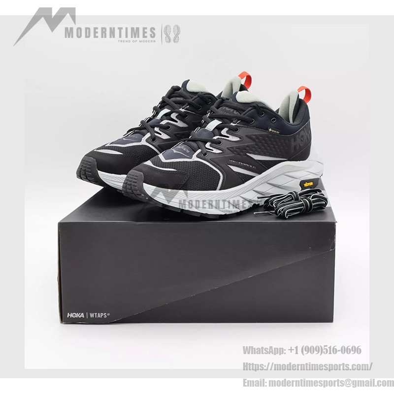 HOKA ONE ONE x WTAPS Anacapa Low Gore-Tex Trail Shoes (1155397-JTB) - Jet Black, Waterproof HOKA ONE ONE x WTAPS Anacapa Low Gore-Tex Trail Shoes in Jet Black, Waterproof, Vibram Outsole, Model 1155397-JTB