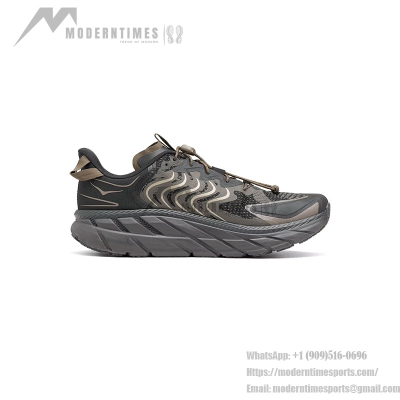 HOKA Clifton LS x Satisfy ランニングシューズ 1143450-FIBC|Forged Iron 限定版 HOKA Clifton LS x Satisfy ランニングシューズ、Forged Ironカラー、クッション性とウェーブパターンのデザインが特徴の限定版。