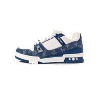 ルイ・ヴィトン LV トレーナー 1A9JGN ブルー ホワイト デニム スニーカー 限定版 高級 メンズシューズ