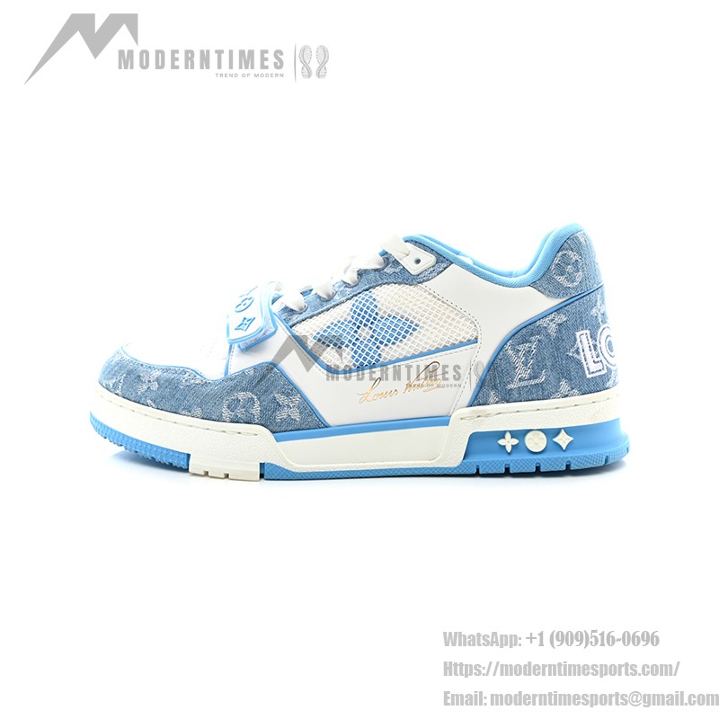 Luxury Louis Vuitton LV Trainer Low 1A9ZI6 Sneakers – Vintage Denim & Premium Leather Louis Vuitton LV Trainer Low 1A9ZI6 – Blue Monogram Denim Sneakers with White Leather