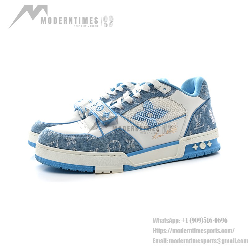 Luxury Louis Vuitton LV Trainer Low 1A9ZI6 Sneakers – Vintage Denim & Premium Leather Louis Vuitton LV Trainer Low 1A9ZI6 – Blue Monogram Denim Sneakers with White Leather