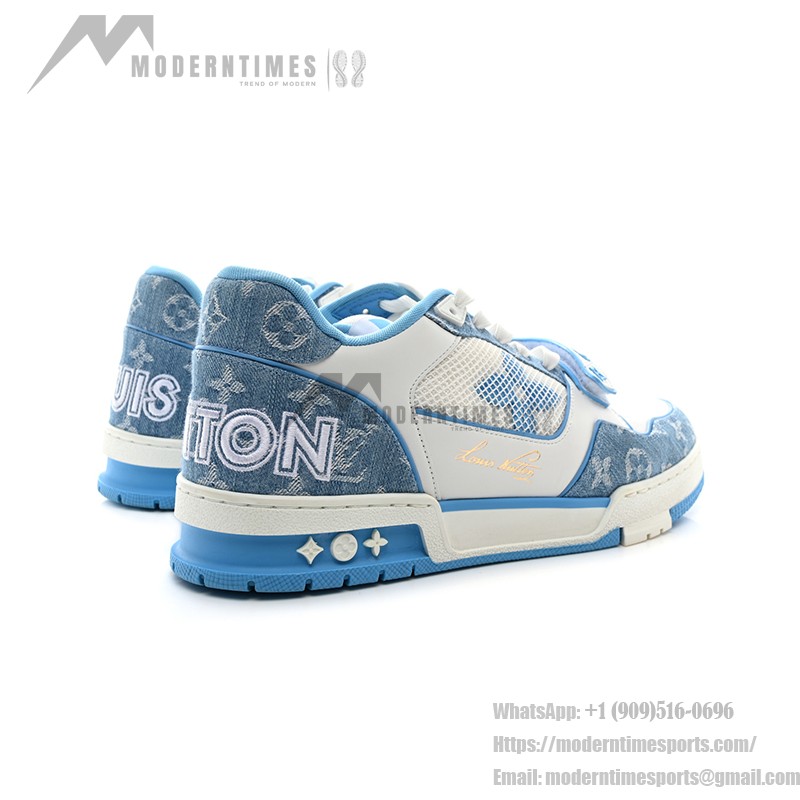 Luxury Louis Vuitton LV Trainer Low 1A9ZI6 Sneakers – Vintage Denim & Premium Leather Louis Vuitton LV Trainer Low 1A9ZI6 – Blue Monogram Denim Sneakers with White Leather