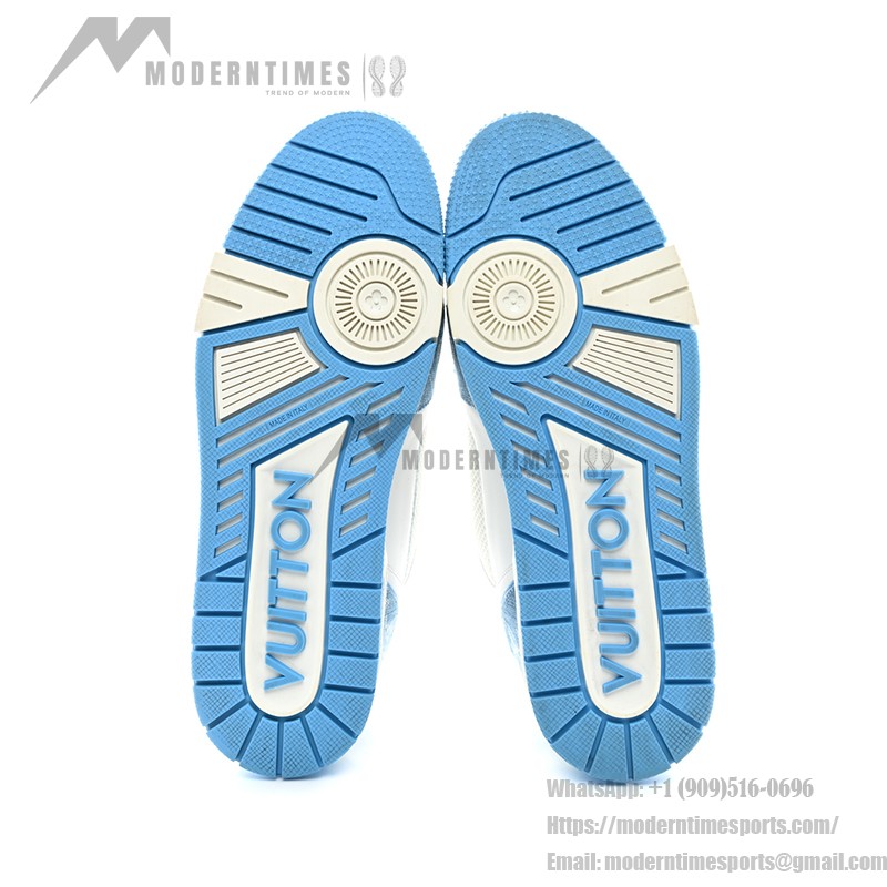 Luxury Louis Vuitton LV Trainer Low 1A9ZI6 Sneakers – Vintage Denim & Premium Leather Louis Vuitton LV Trainer Low 1A9ZI6 – Blue Monogram Denim Sneakers with White Leather