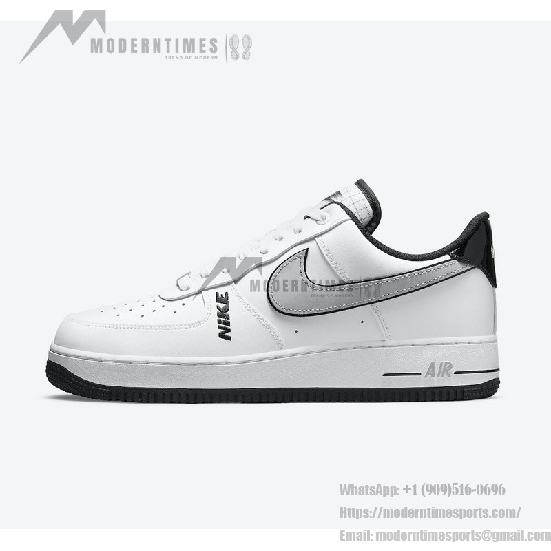 Nike Air Force 1 Low 'ホワイト & メタリック シルバー' - タイムレスな白いスニーカーと黒のアクセント Nike Air Force 1 Low 'ホワイト & メタリック シルバー' - クラシックな白いスニーカーと黒と銀のアクセント
