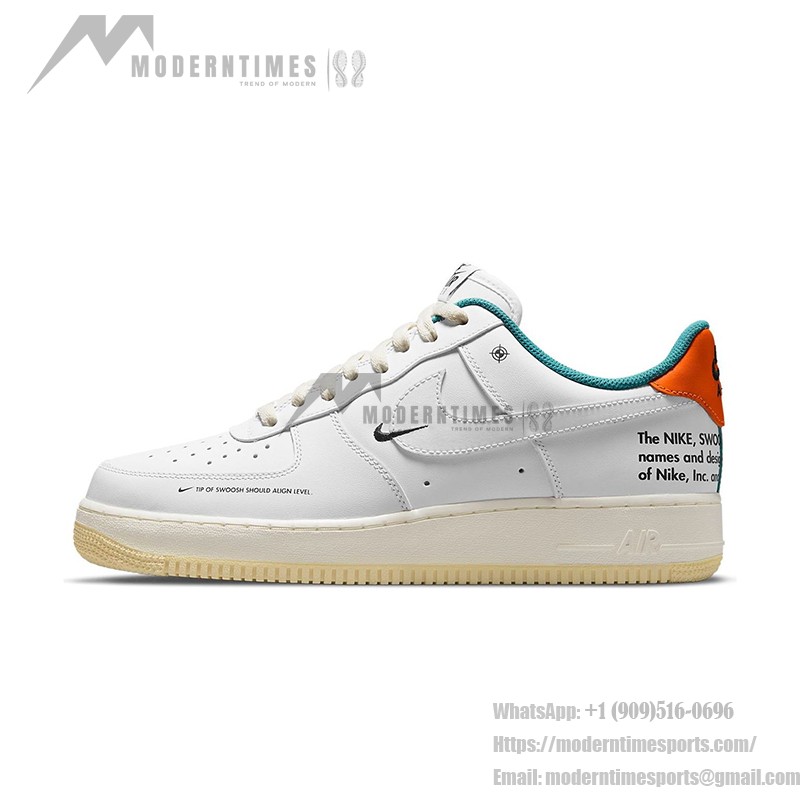 Nike Air Force 1 Low "Next Nature" DM0970-111 サステナブルな白いスニーカー Nike Air Force 1 Low "Next Nature" DM0970-111 オレンジとグリーンのアクセント付きの白いスニーカー
