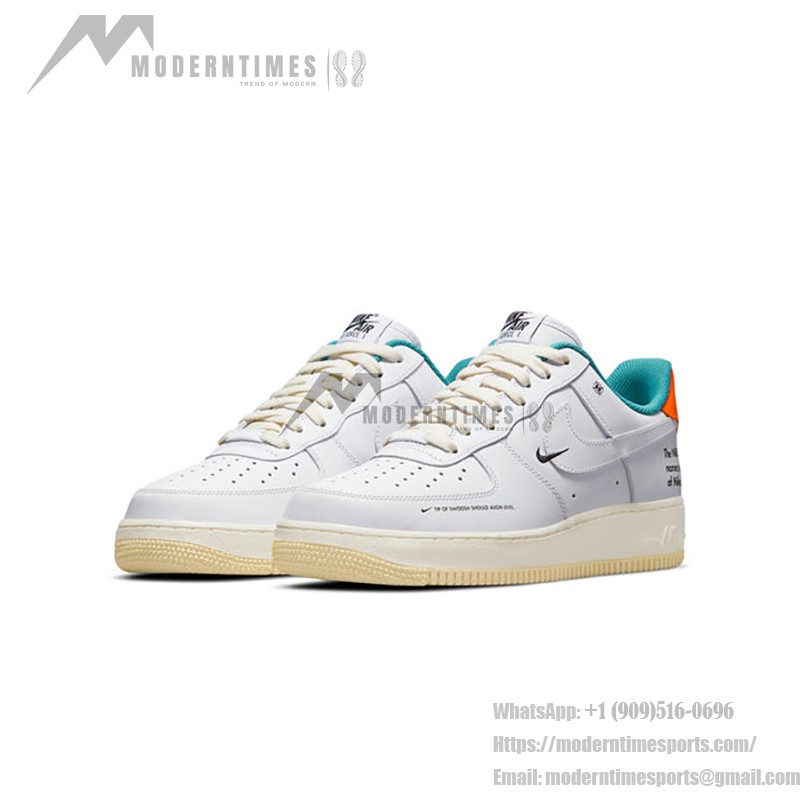 Nike Air Force 1 Low "Next Nature" DM0970-111 サステナブルな白いスニーカー Nike Air Force 1 Low "Next Nature" DM0970-111 オレンジとグリーンのアクセント付きの白いスニーカー