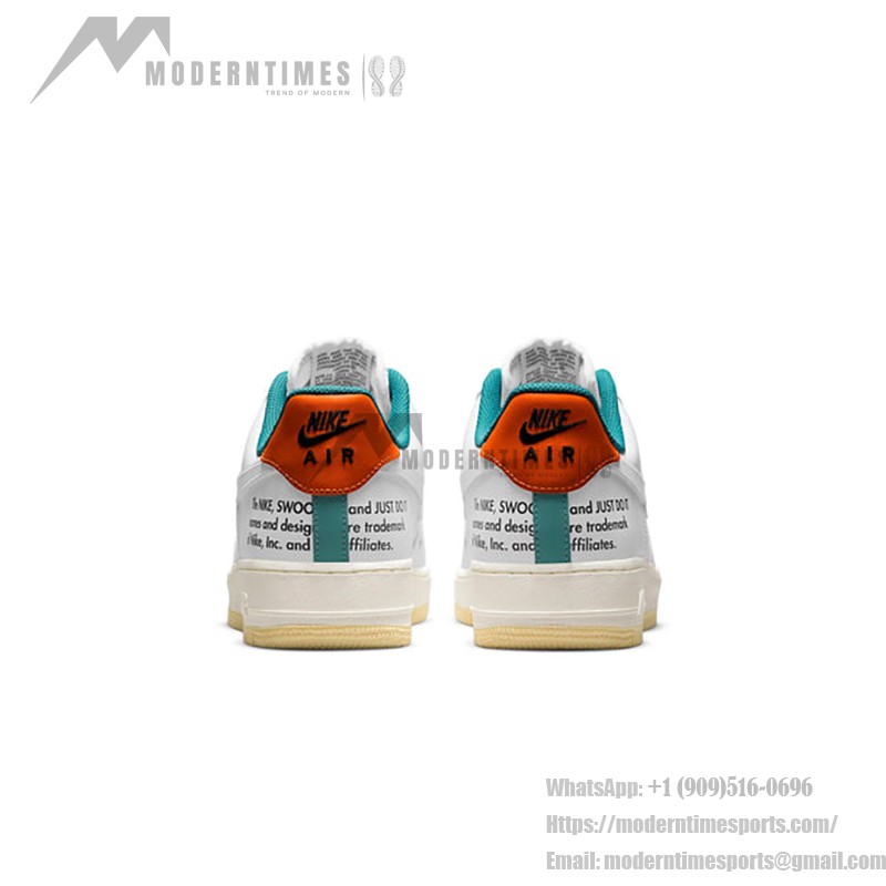 Nike Air Force 1 Low "Next Nature" DM0970-111 サステナブルな白いスニーカー Nike Air Force 1 Low "Next Nature" DM0970-111 オレンジとグリーンのアクセント付きの白いスニーカー