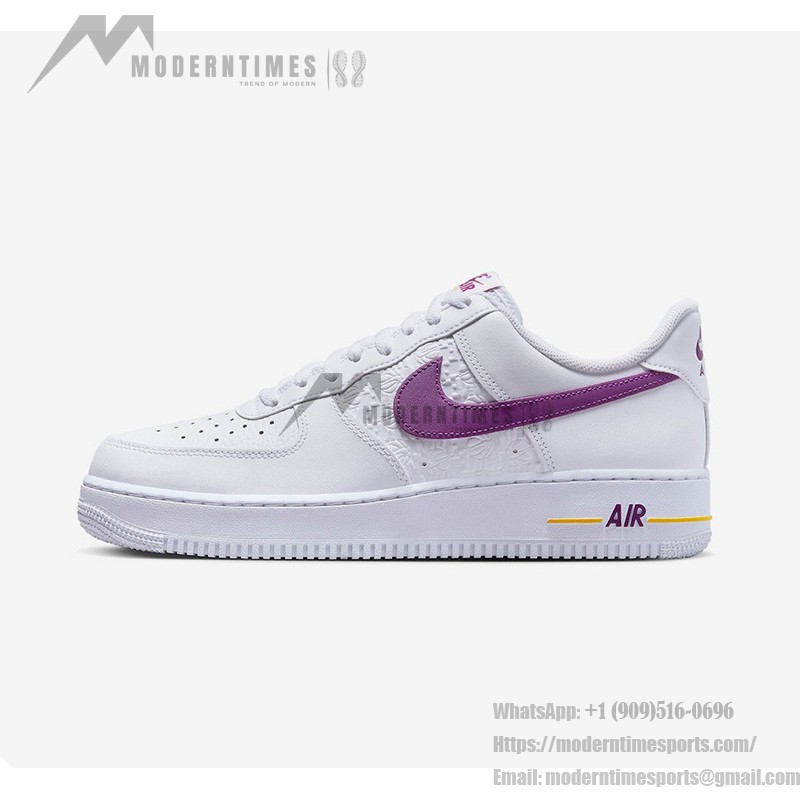 Nike Air Force 1 Low EMB 'Bold Berry' - Vibrant White Sneakers with Purple & Yellow Details Nike Air Force 1 Low EMB 'Bold Berry' - White Sneakers with Purple Swoosh and Yellow Accents
