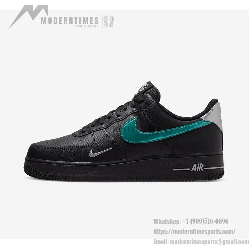 Nike Air Force 1 Low FD0654-001 スニーカー Nike Air Force 1 Low FD0654-001 - 黒レザースニーカー、エメラルドグリーンのスウッシュ付き