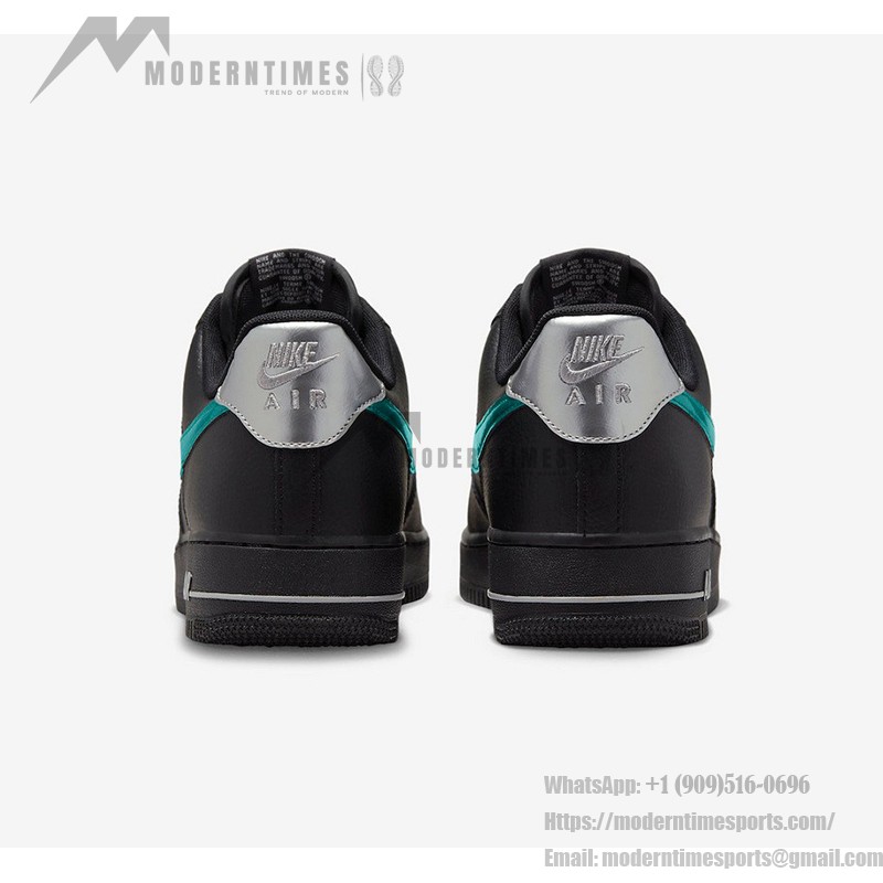 Nike Air Force 1 Low FD0654-001 スニーカー Nike Air Force 1 Low FD0654-001 - 黒レザースニーカー、エメラルドグリーンのスウッシュ付き