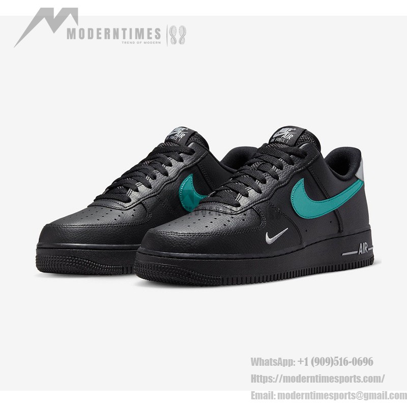 Nike Air Force 1 Low FD0654-001 スニーカー Nike Air Force 1 Low FD0654-001 - 黒レザースニーカー、エメラルドグリーンのスウッシュ付き