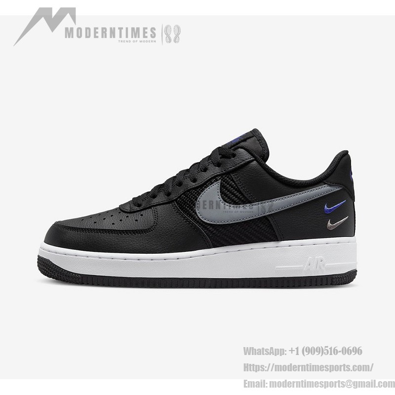 Nike Air Force 1 Low FD0666-001 ブラックレザースニーカー Nike Air Force 1 Low FD0666-001 - ブラックレザーのデュアルグレースウッシュ & ブルーアクセント付きスニーカー