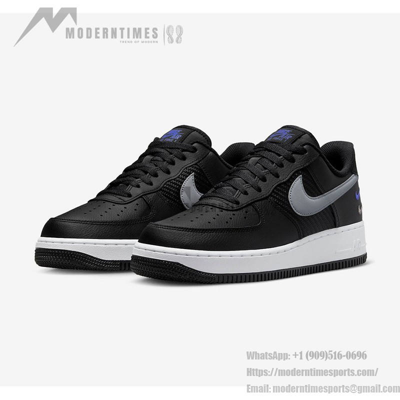 Nike Air Force 1 Low FD0666-001 ブラックレザースニーカー Nike Air Force 1 Low FD0666-001 - ブラックレザーのデュアルグレースウッシュ & ブルーアクセント付きスニーカー